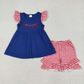 Baby Girl Short Sleeves Embroidery Apple Back to School Blue Dress RTS