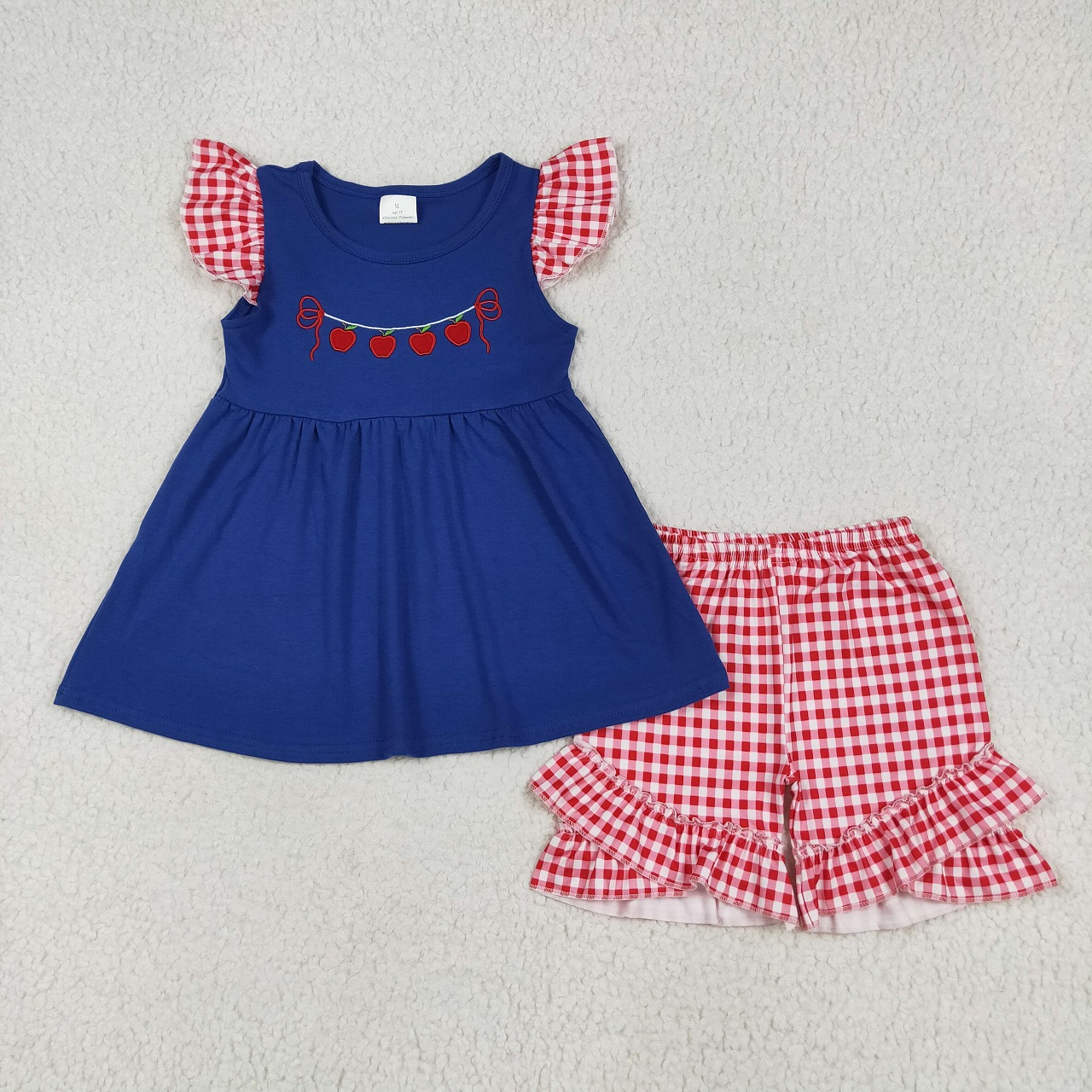 Baby Girl Short Sleeves Embroidery Apple Back to School Blue Dress RTS