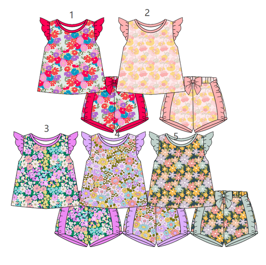 ( Moq 5 Each Style ) Sibling Baby Girls Kids Short Sleeves Flower Tops Bows Shorts Sets Summer Clothes