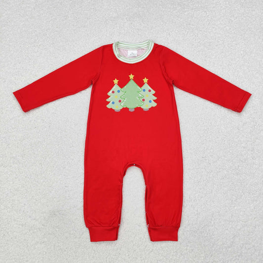 Baby Boy Long Sleeves Christmas Trees Print Red Romper