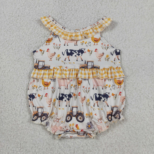Baby Girls Infant Farm Animals Tractors Flower Summer Ruffle Romper RTS
