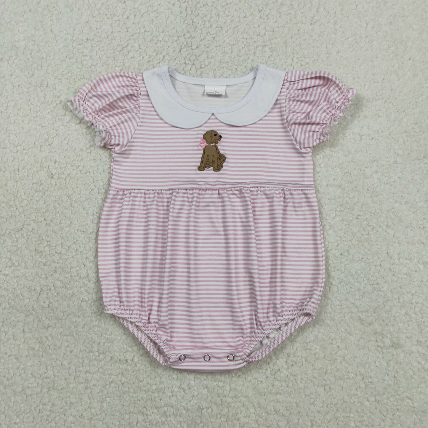 Baby Girls Infant Short Sleeves Pink Stripes Embroidery Dog Bubble Romper RTS