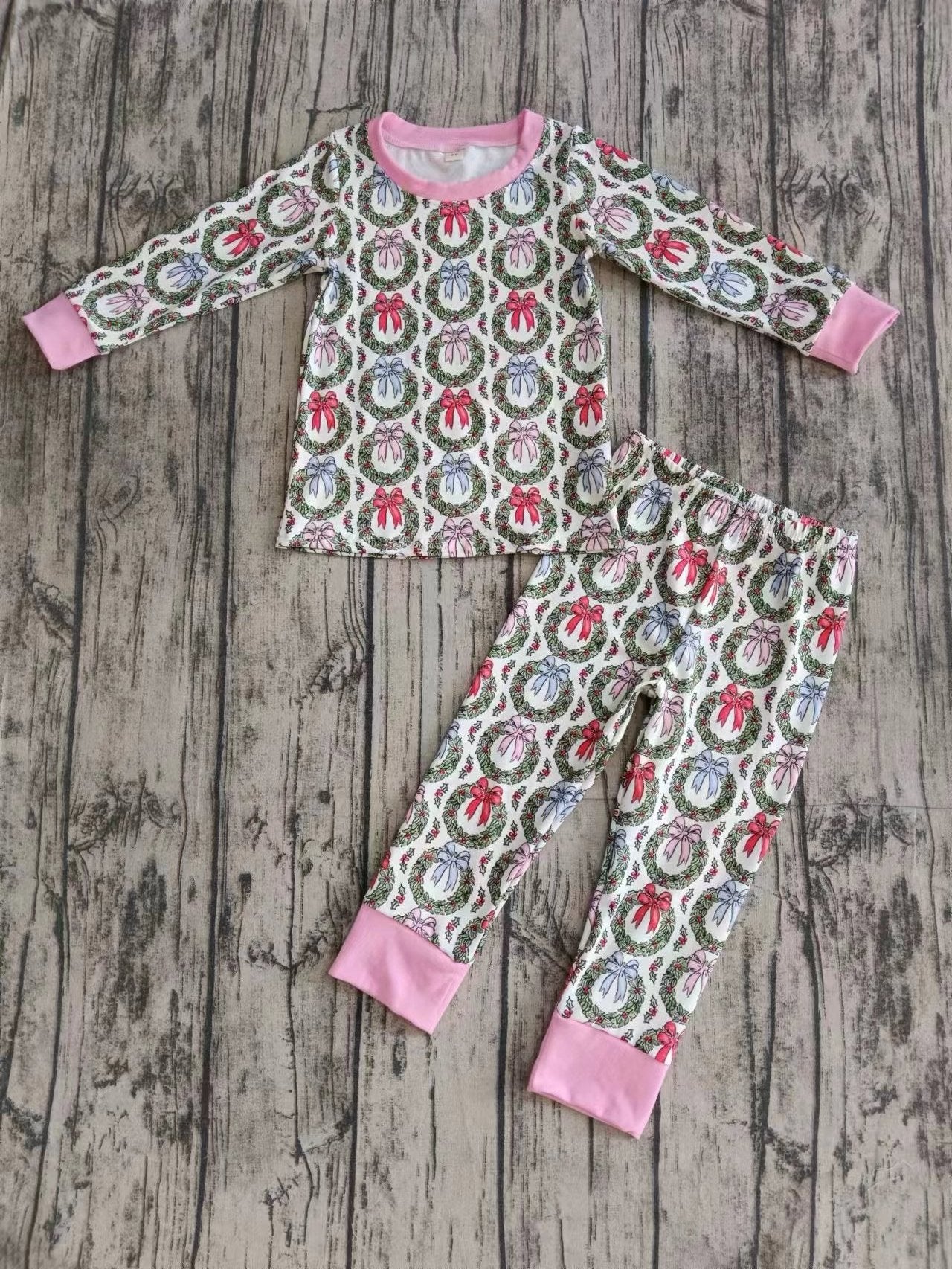 Baby Girl Long Sleeves Bows Christmas Shirt Pants Pajamas Set Moq 5