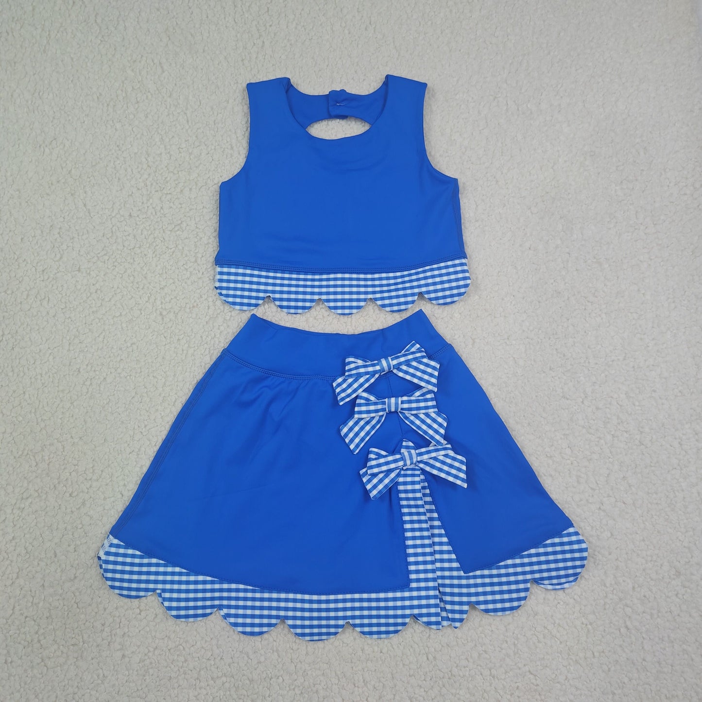 Baby Girls Kids Scallop Shirt Blue Plaid Bows Skirt Shorts Set Yoga Active Clothes RTS