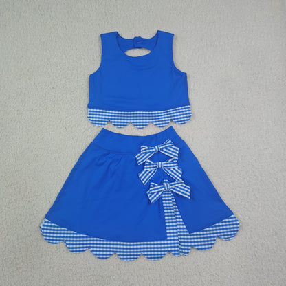 Sibling Baby Girls Kids Scallop Shirts Plaid Bows Skirts Shorts Sets Yoga Active Clothes RTS