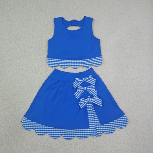 Baby Girls Kids Scallop Shirt Blue Plaid Bows Skirt Shorts Set Yoga Active Clothes RTS