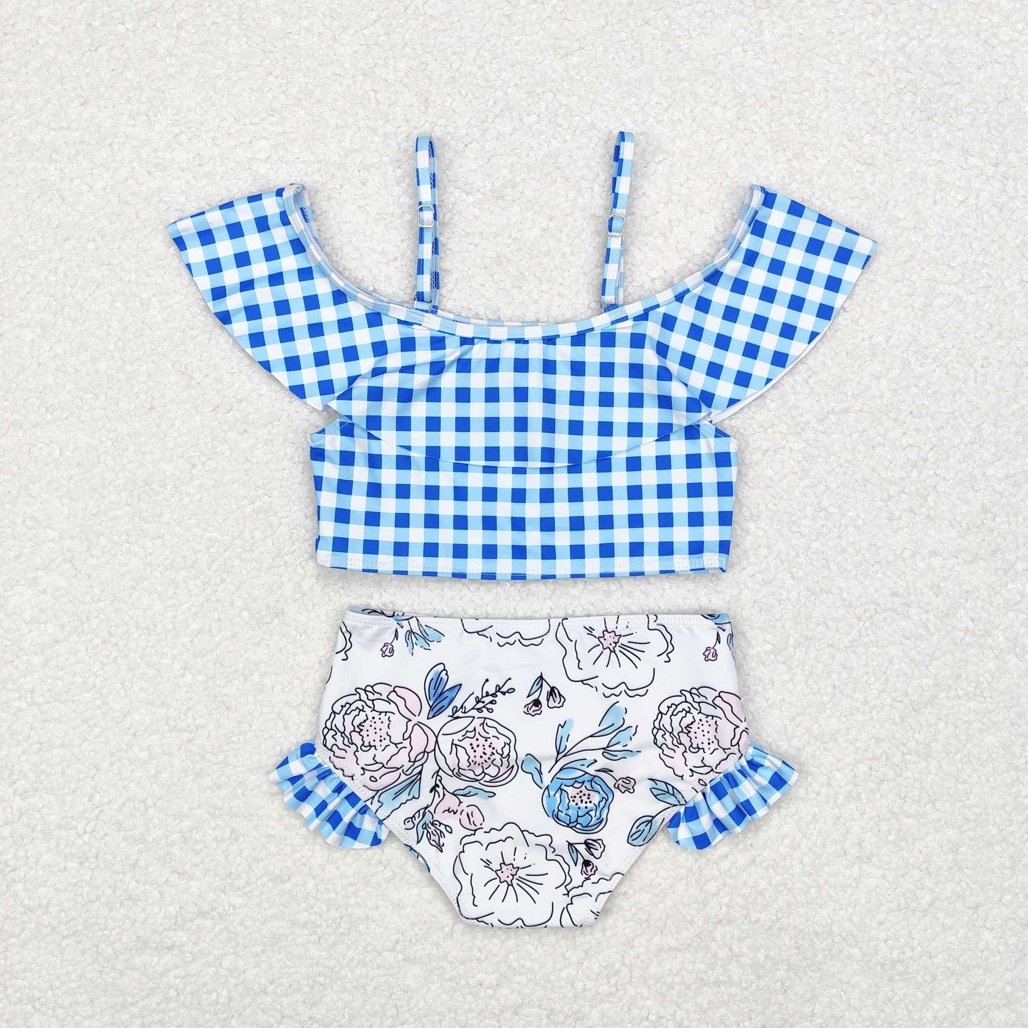 Baby Girl Summer Blue Plaid Tops Flower Bummie Shorts Swimsuit