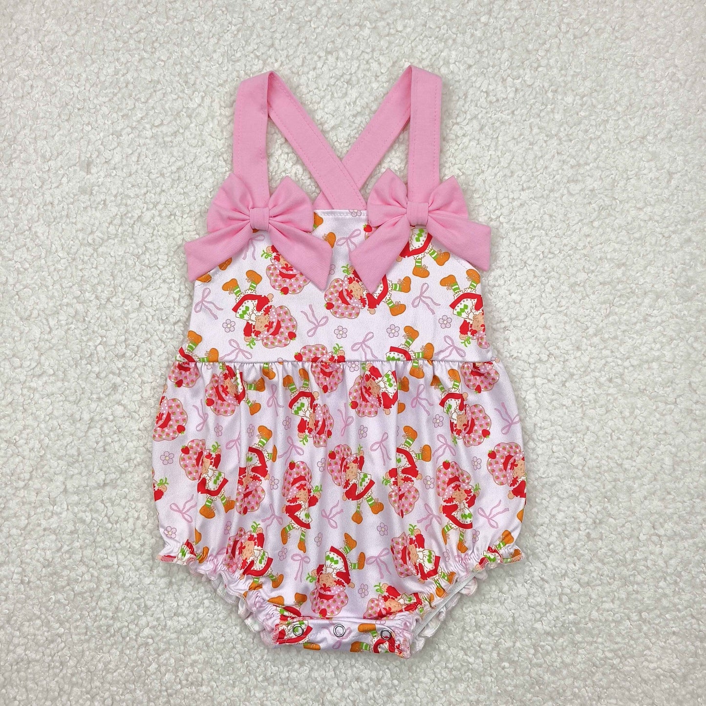 Baby Girl Infant Pink Bows Strap Bows Strawberry Ruffle Romper RTS