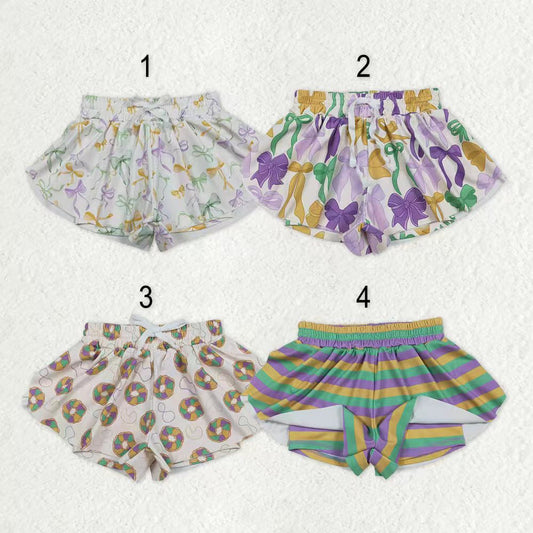 Sibling Baby Girls Kids Mardi Gras Bows Stripes Donuts Yoga Active Shorts Bottoms RTS