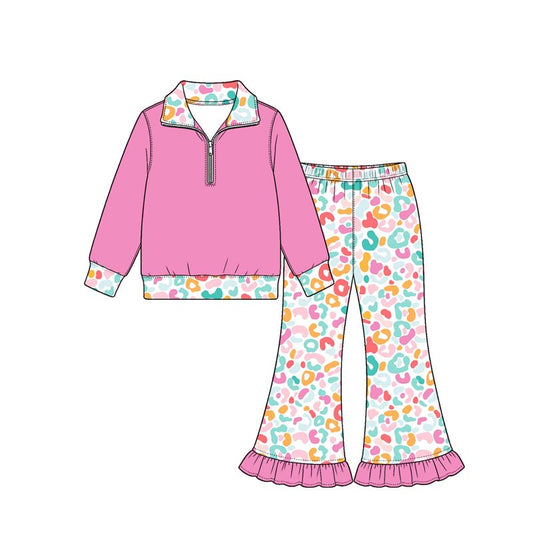 ( Moq 5 ) Preorder Baby Girls Kids Long Sleeves Zipper Pink Shirt Leopard Ruffle Pants Set Clothes