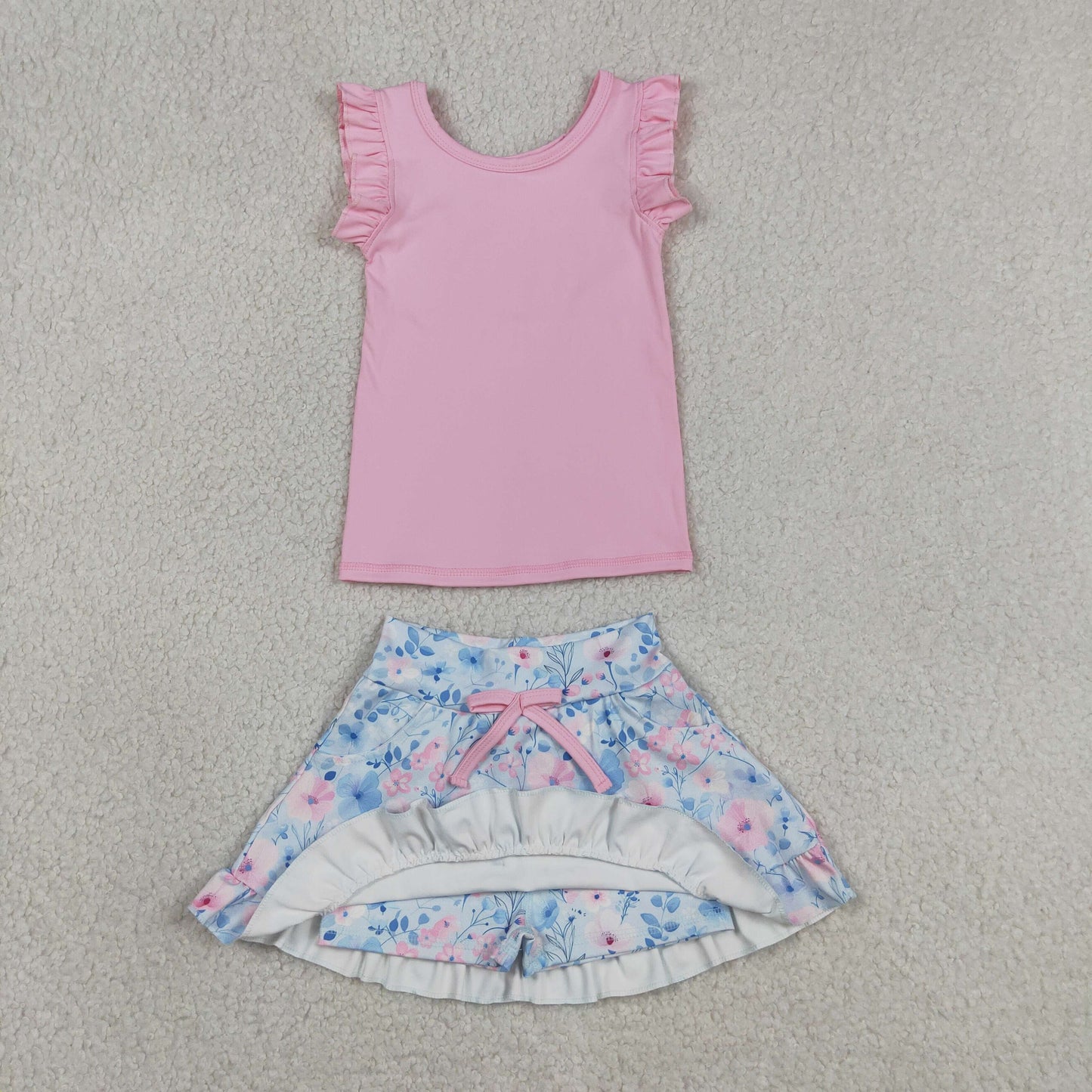 Baby Girls Kids Pink Tops Flower Pockets Scallop Skirt Shorts Yoga Clothes Summer Set RTS