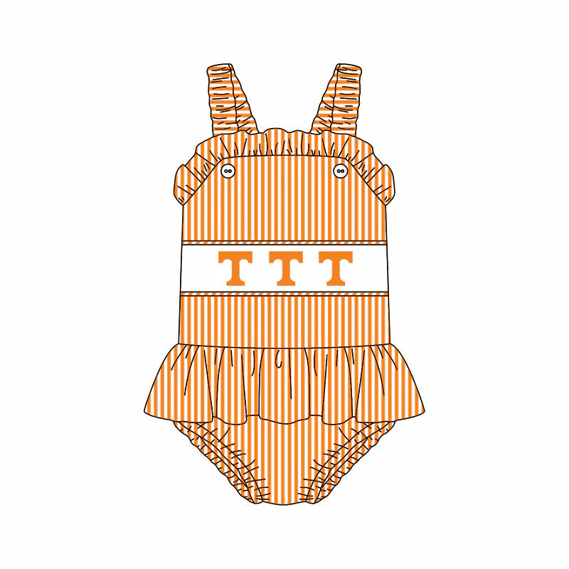 ( Moq 5 ) Baby Girls Kids Sleeveless Orange Stripes T Team Ruffle Bubble Romper