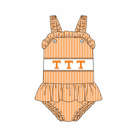 ( Moq 5 ) Baby Girls Kids Sleeveless Orange Stripes T Team Ruffle Bubble Romper