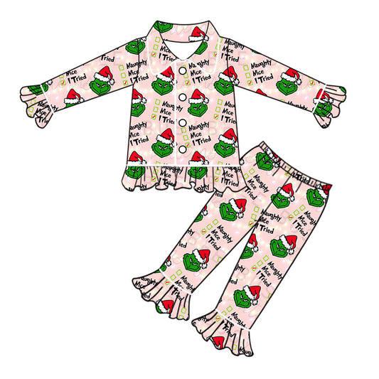 Moq 5 Baby Girl Christmas Green Face Buttons Top Ruffle Pants Pajamas Set