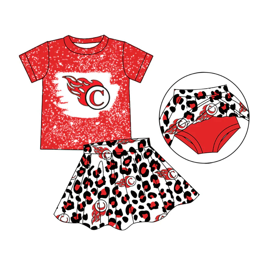 Baby Girl Red Short Sleeves Team C Shirt Leopard Skirt Shorts Skort Clothes Set ( Moq 5 )