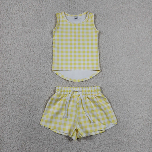 Baby Girls Kids Sleeveless Yellow Plaid Tops Shorts Set Yoga Clothes RTS