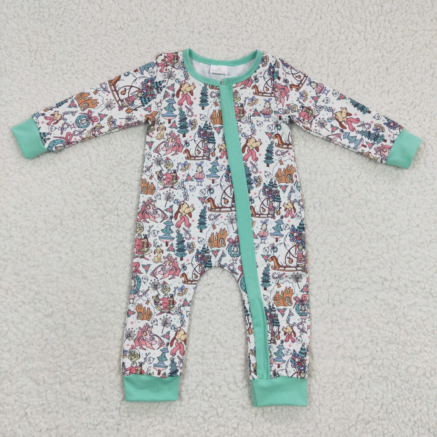 LR0296 Christmas Baby Kids Long Sleeves Cartoon Green Zip Romper