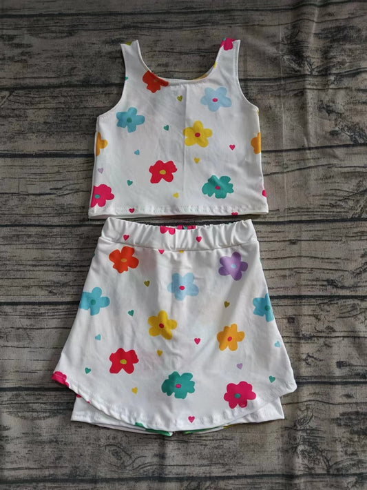 ( Moq 5  ) Baby Girl Sleeveless Flower Hearts Shirt Shorts Skirt Skort Set