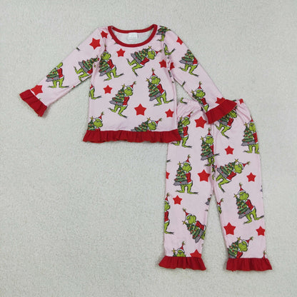 Girls Kids Long Sleeves Green Face Stars Sibling Christmas Zipper Footie Romper Pajamas Set RTS