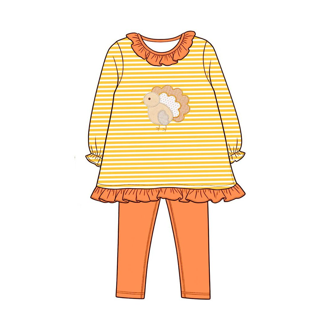 ( Moq 5 ) Preorder Baby Girls Kids turkey Stripes Tunic Orange Pants Set Fall Clothes