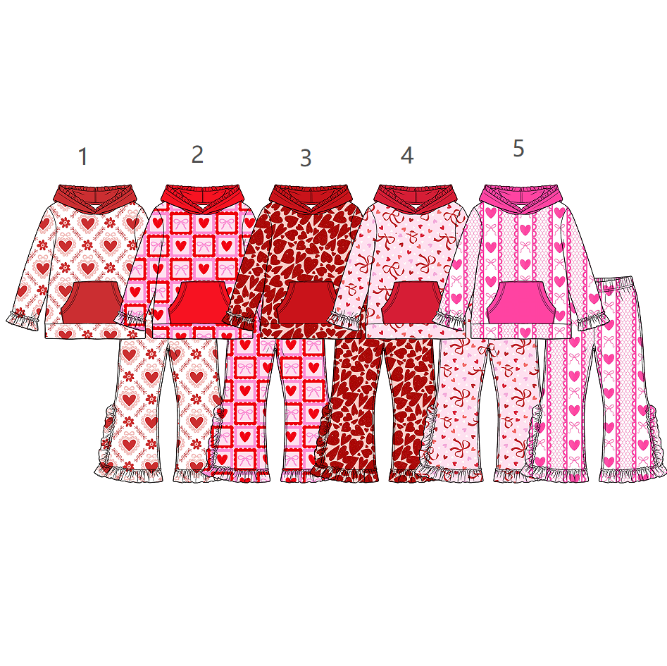 ( Moq 5 Each Style ) Sibling Baby Girls Kids Valentine Heats Bows Pockets Hoodie Pullovers Pants Sets Clothes