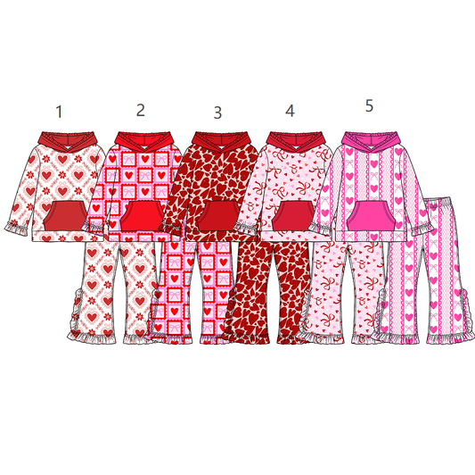 ( Moq 5 Each Style ) Sibling Baby Girls Kids Valentine Heats Bows Pockets Hoodie Pullovers Pants Sets Clothes
