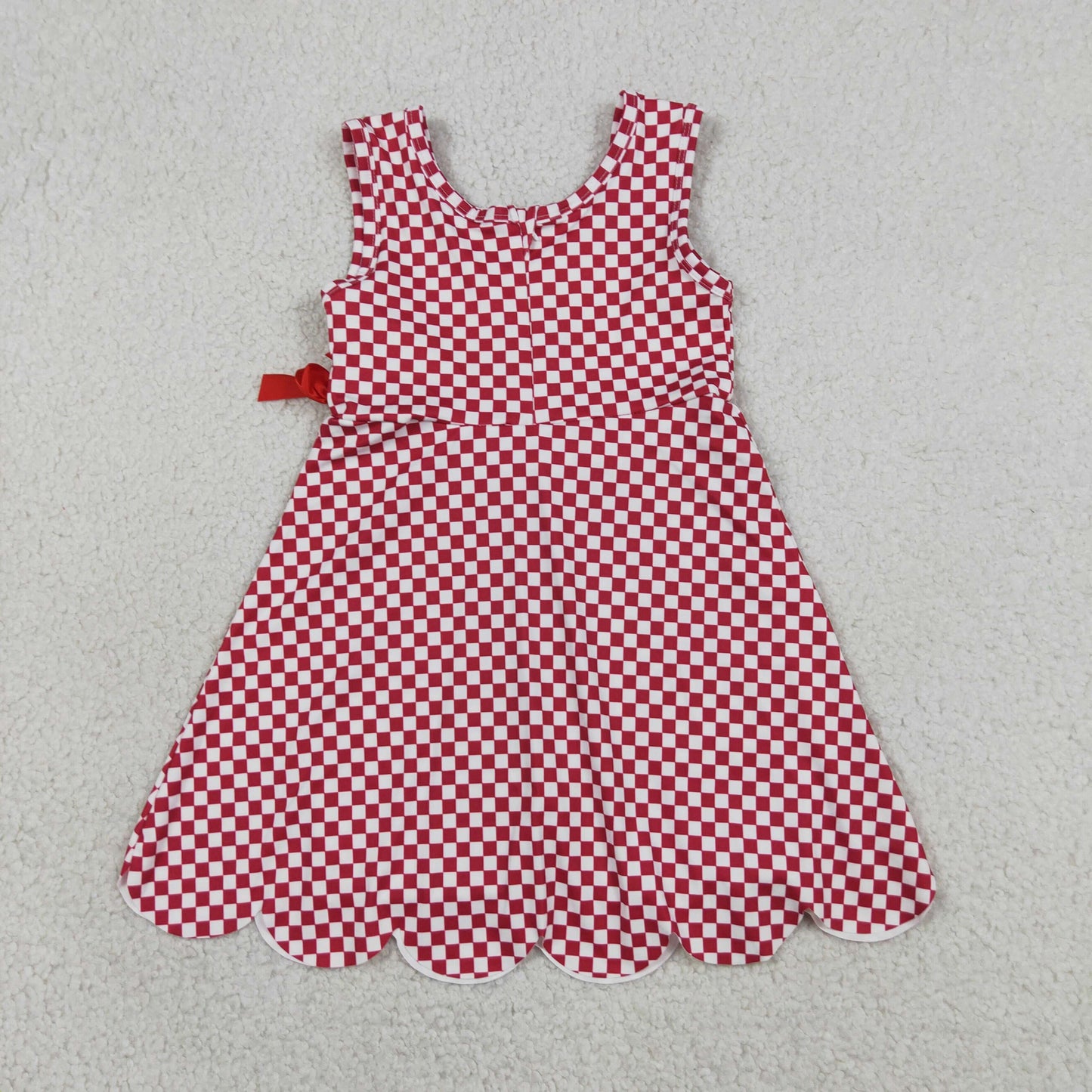 Baby Girls Toddler Sleeveless Red Plaid Yoga Active Knee Length Scallop Dress RTS