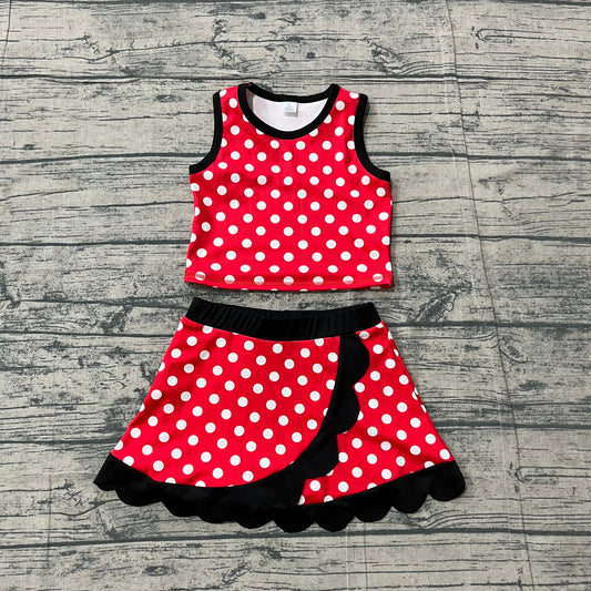 ( No moq ) Preorder Baby Girls Kids Dots Red Shirt Scallop Skirt Shorts Yoga Active Set Clothes