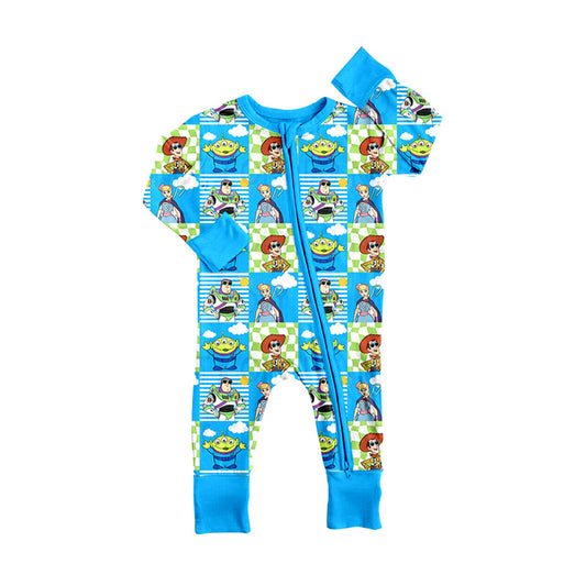 Moq 5 Cartoon Toys Plaid Print Baby Boy Fall Sleeper Zipper Romper