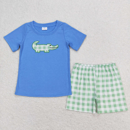 Baby Girl Short Sleeves Embroidery Crocodile Blue Shirt Plaid Shorts Set
