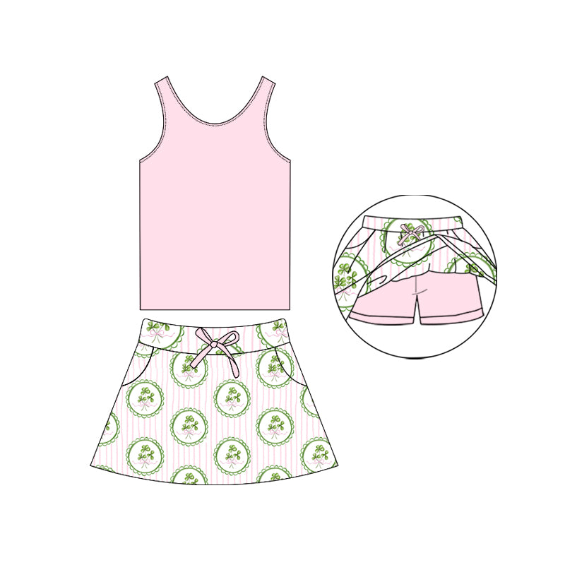 Baby Girl Sleeveless St Patrick Pink Shirt Clover Shorts Skirt Bathing Swimsuit Set