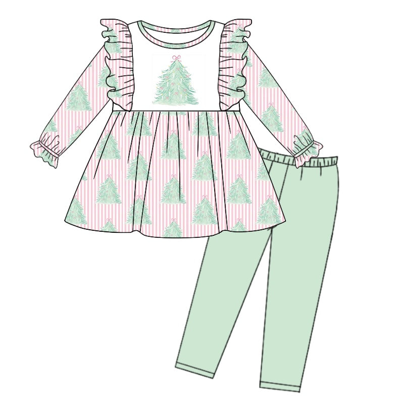 Baby Girl Long Sleeves Christmas Tree Tops Green Pants Set