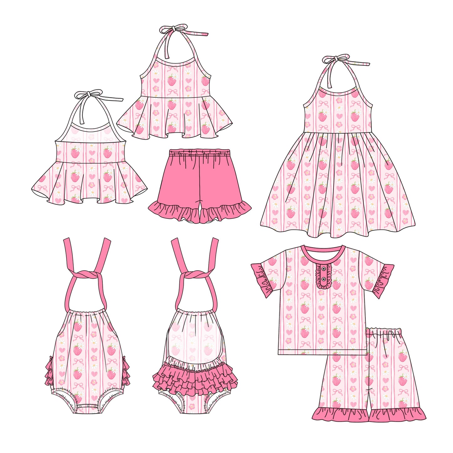 Baby Girl Strawberry Flower Bows Pink Sibling Romper Dress Set ( Moq 5 Each Style ) 2.27