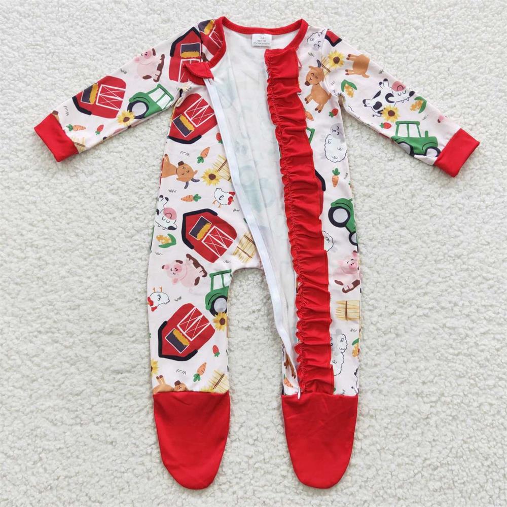 LR0379 Baby Boy Long Sleeves One Piece Farm Zip Footie Romper