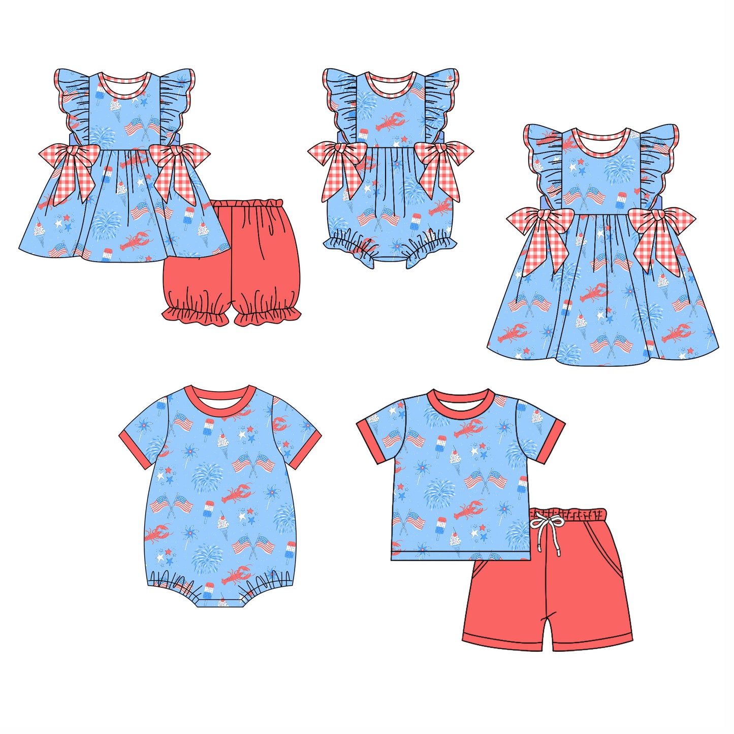 Baby Boy Girl July 4th Flags Crawfish Sibling Dress Romper Clothes Set ( Moq 5 Each style ) 11.27