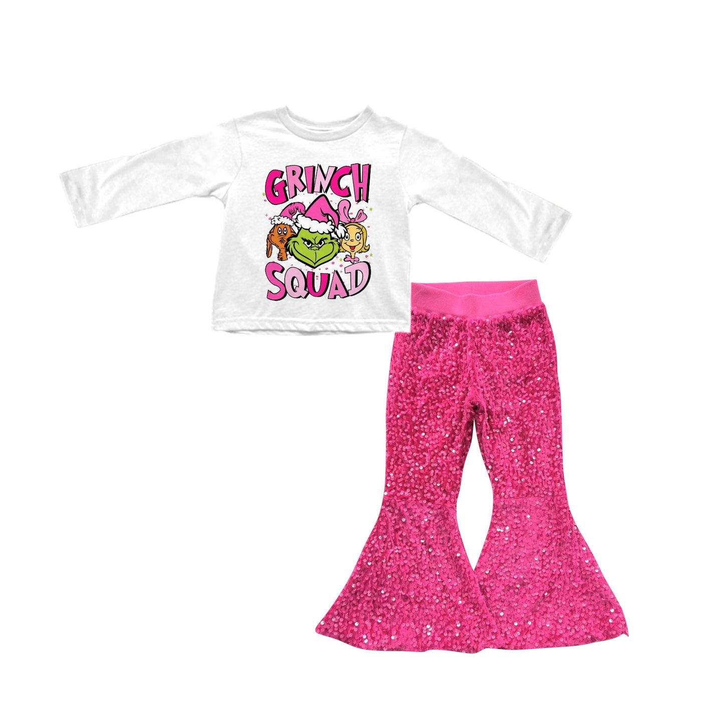 Baby Girl White Long Sleeves Christmas Face Shirt Pink Sequins Pants Set