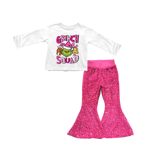 Baby Girl White Long Sleeves Christmas Face Shirt Pink Sequins Pants Set