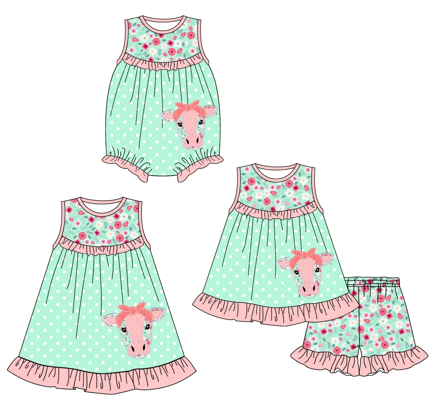 Baby Girl Cow Flower Sibling Romper Dress Set ( Moq 5 Each Style ) 1.23