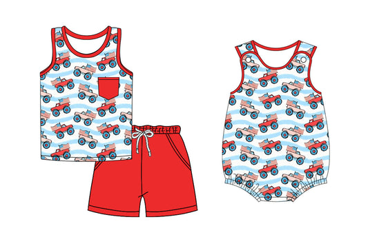 Baby Boy Sleeveless 4th Of July Flags Trucks Sibling Romper Set ( Moq 5 Each Style ) 3.15
