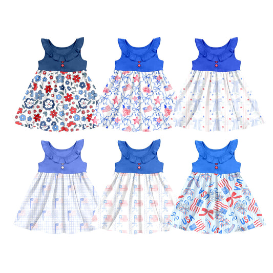 ( Moq 5 Each Style ) Baby Girl Short Sleeves Flower Flags Bows 4th Of July Sibling Dress 3.24