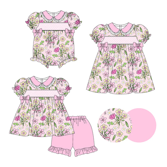 Baby Girl Short Sleeves Flower Pink Bows Sibling Romper Dress Set ( Moq 5 Each Style ) 3.14