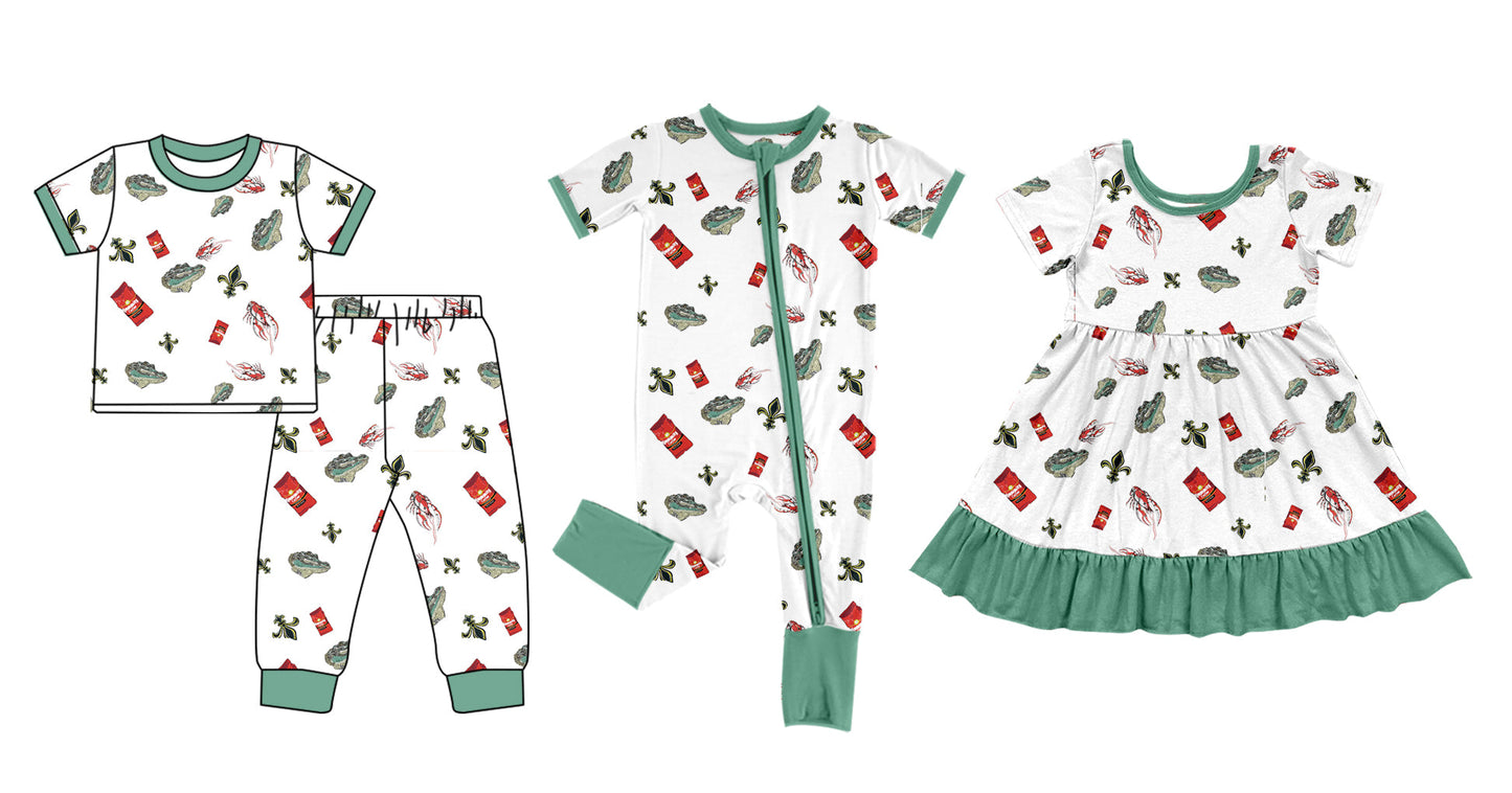 Baby Girl Short Sleeves Crawfish Green Sibling Dress Romper Set ( Moq 5 Each Design ) 12.7
