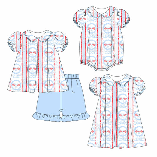 Baby Girl Short Sleeves Flags Bows July 4th Sibling Romper Dress Set ( Moq 5 Each Style ) 3.6