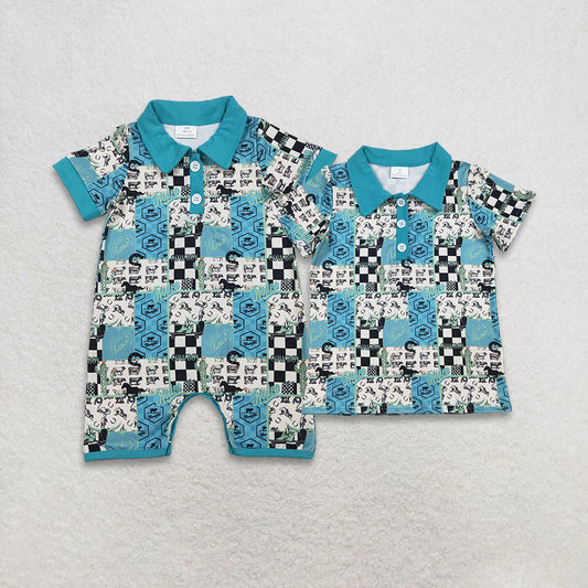 Sibling Baby Boys Short Sleeves Western Cow Cactus Buttons Blue Romper Shirt RTS