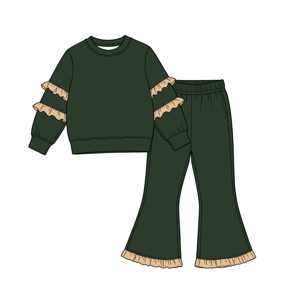 ( Moq 5 ) Preorder Baby Girls Kids Ruffle Long Sleeves Shirt Bell Pants Green Set Cotton Clothes