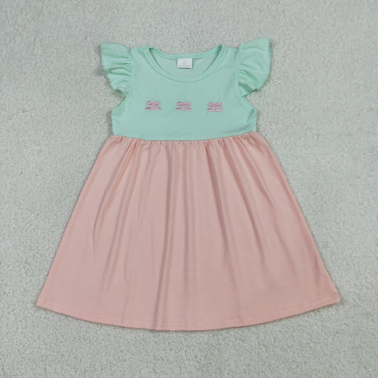 Baby Girls Kids Short Sleeves Embroidery Bows Pink Knee Length Dress RTS