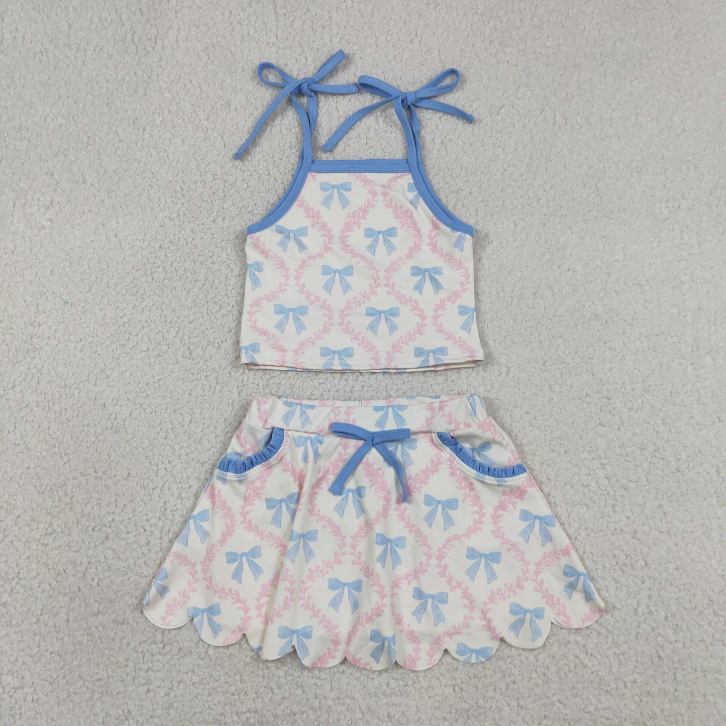 Baby Girls Kids Straps Bows Tops Pockets Skirt Shorts Yoga Set RTS