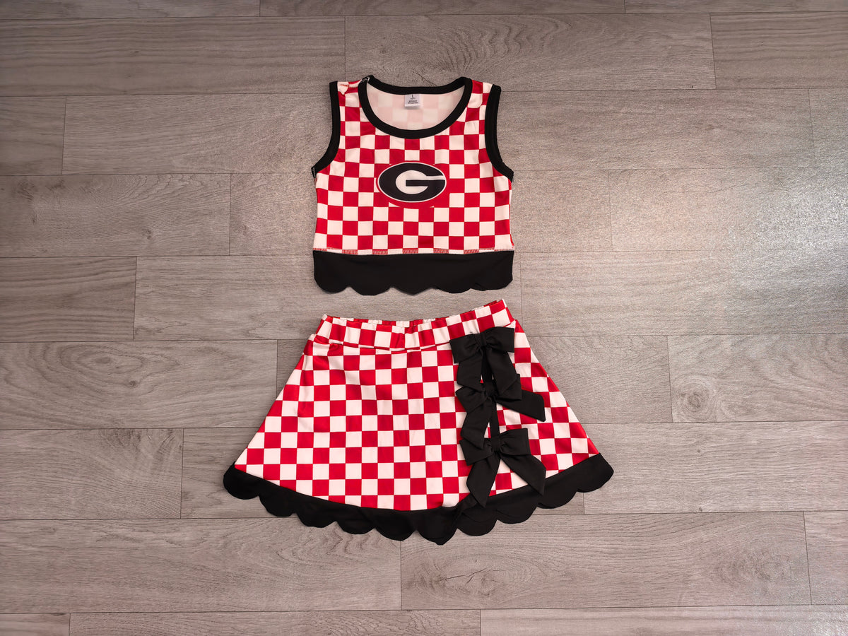 ( No moq ) Preorder Baby Girls Kids Red Checked Shirt Scallop Bows Skirt Shorts Team Set Yoga Active Clothes