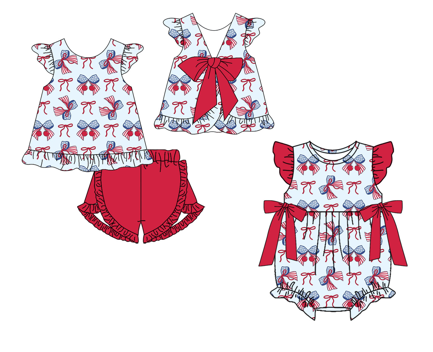 ( Moq 5 Each Style ) Baby Girls Kids Short Sleeves 4th of July Bows Sibling Romper Set