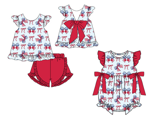 ( Moq 5 Each Style ) Baby Girls Kids Short Sleeves 4th of July Bows Sibling Romper Set